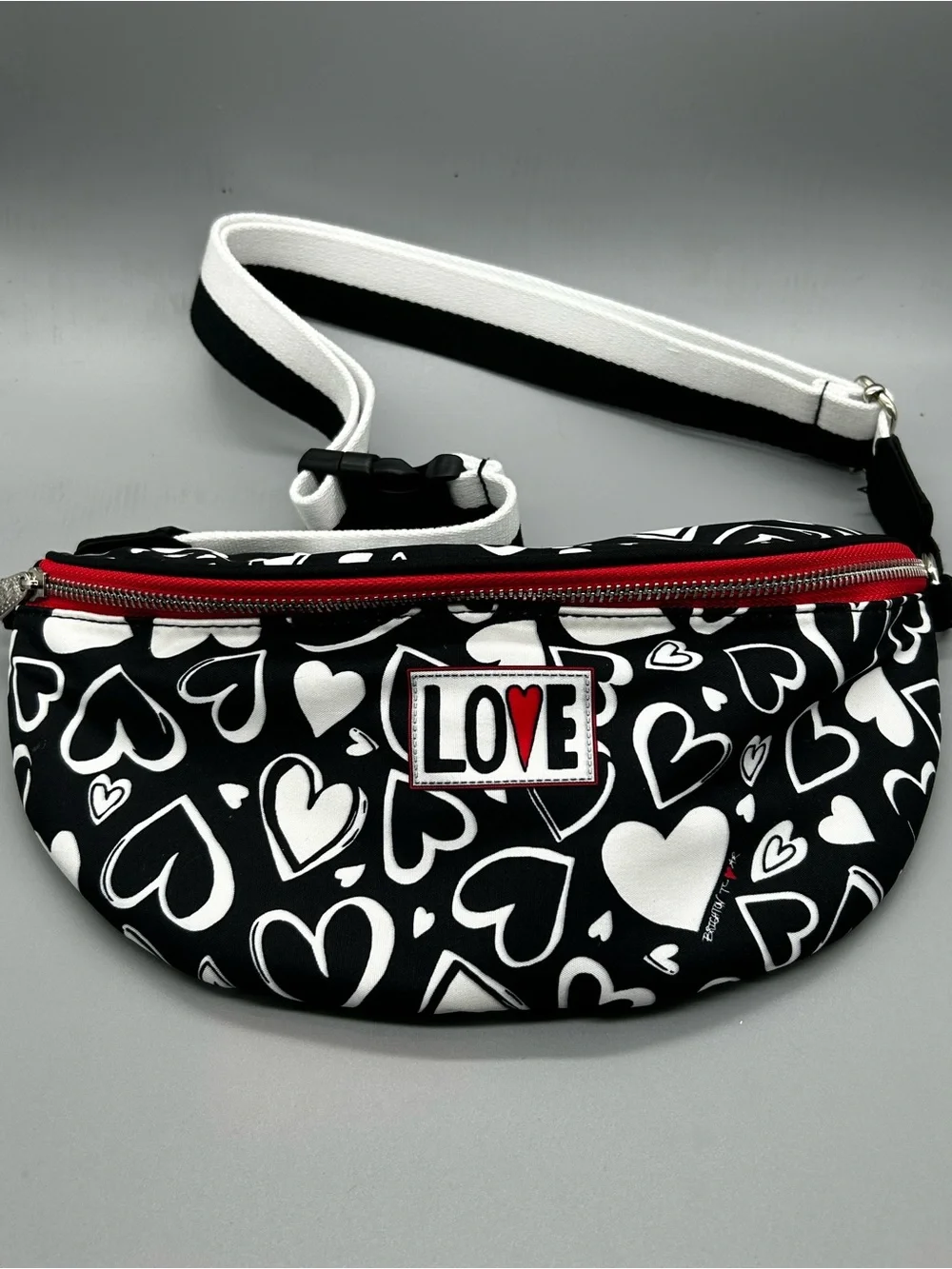 Brighton Black & White Heart-Print Crossbody with Red Zipper